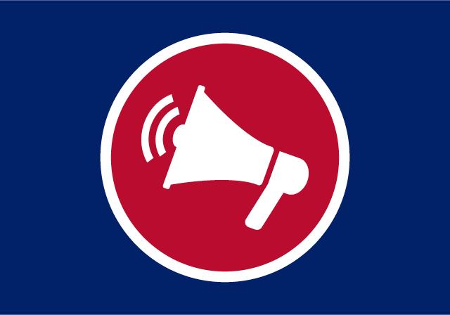 Red and blue graphic of a megaphone